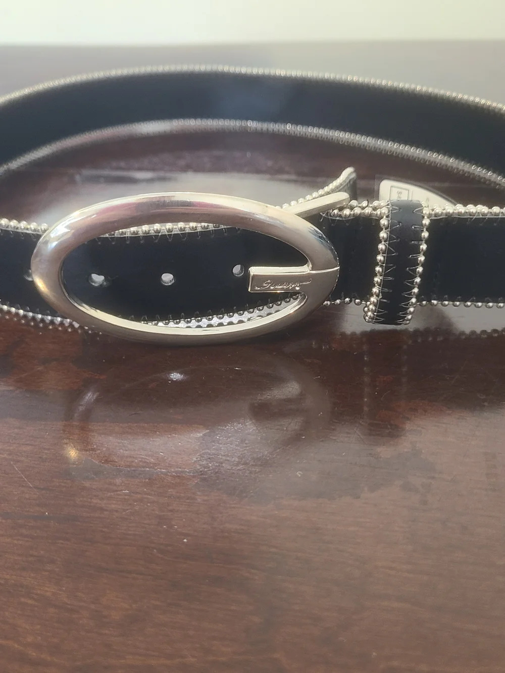 Guess Black Leather-Look Belt with Silver Beaded Edge